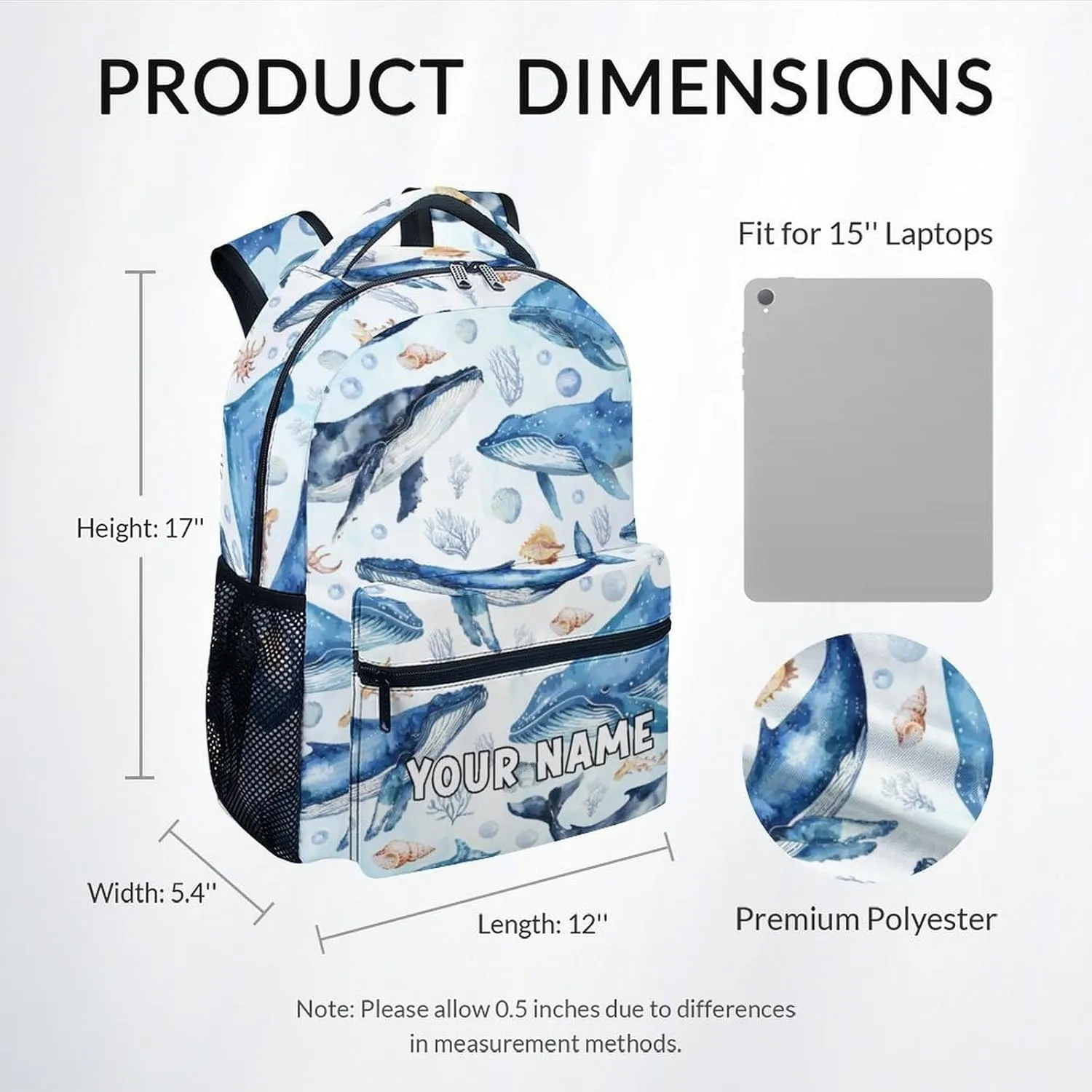 Mercuryelf Personalized School Backpack for Boys - 17 Inch Whale Kid Backpack for School, Travel - Cute Sea Bookbag for Teens Kids
