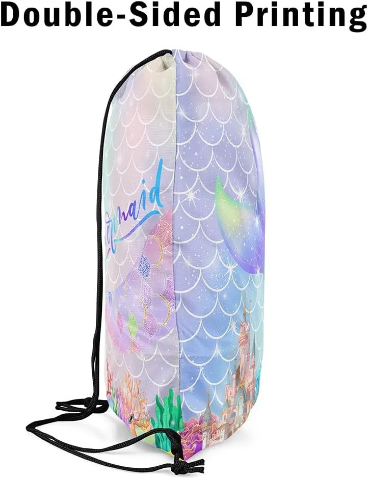 Mermaid Tail Drawstring Backpack,Gradient Iridescent Fish Scale String Bag,Ocean Marine Life Sackpack for Sport Yoga Camping,Waterproof Reversible 13X15.7,Light Purple Pink