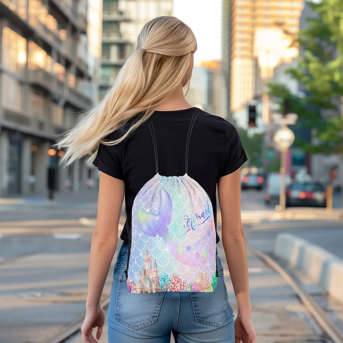 Mermaid Tail Drawstring Backpack,Gradient Iridescent Fish Scale String Bag,Ocean Marine Life Sackpack for Sport Yoga Camping,Waterproof Reversible 13X15.7,Light Purple Pink