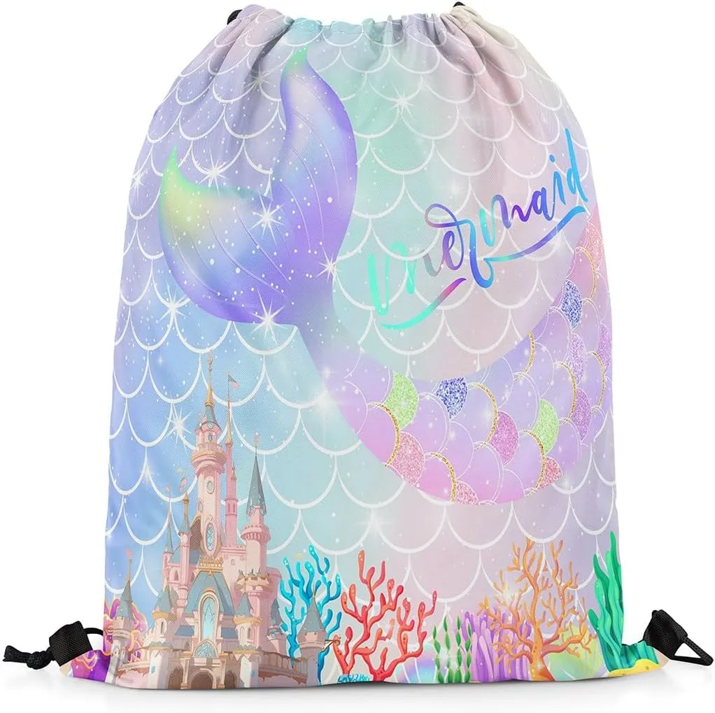 Mermaid Tail Drawstring Backpack,Gradient Iridescent Fish Scale String Bag,Ocean Marine Life Sackpack for Sport Yoga Camping,Waterproof Reversible 13X15.7,Light Purple Pink