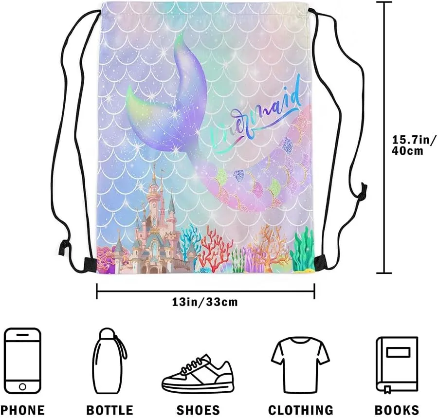 Mermaid Tail Drawstring Backpack,Gradient Iridescent Fish Scale String Bag,Ocean Marine Life Sackpack for Sport Yoga Camping,Waterproof Reversible 13X15.7,Light Purple Pink