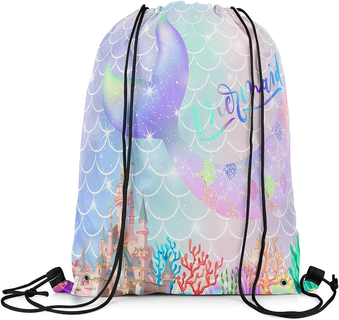 Mermaid Tail Drawstring Backpack,Gradient Iridescent Fish Scale String Bag,Ocean Marine Life Sackpack for Sport Yoga Camping,Waterproof Reversible 13X15.7,Light Purple Pink