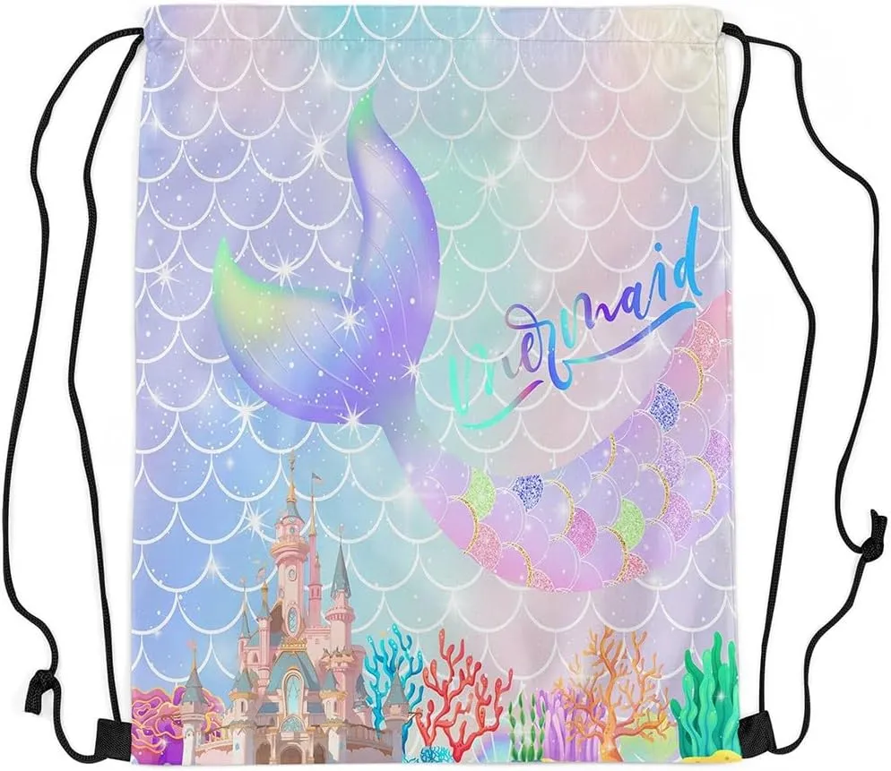Mermaid Tail Drawstring Backpack,Gradient Iridescent Fish Scale String Bag,Ocean Marine Life Sackpack for Sport Yoga Camping,Waterproof Reversible 13X15.7,Light Purple Pink