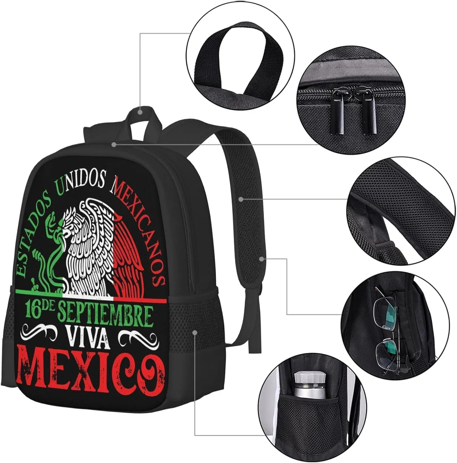 Mexico Pride Independence Day Casual Backpacks Large Capacity Backpack Laptop Rucksack Sport Daypack Commuter Bags with Adjustable Strap for Traveling Camping