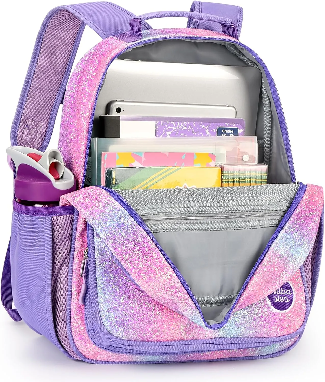 mibasies Girls Backpack 5-8: Glitter Kids Backpacks for Girls - Girl Bookbag for Elementary School - Purple