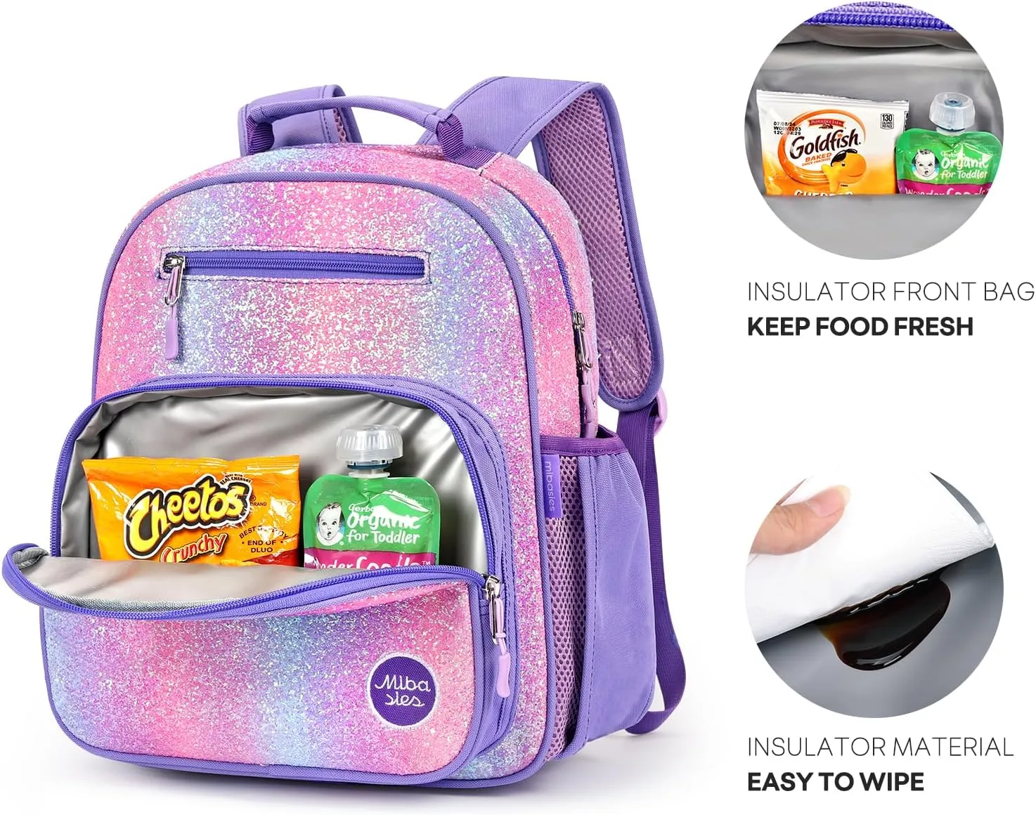 mibasies Girls Backpack 5-8: Glitter Kids Backpacks for Girls - Girl Bookbag for Elementary School - Purple