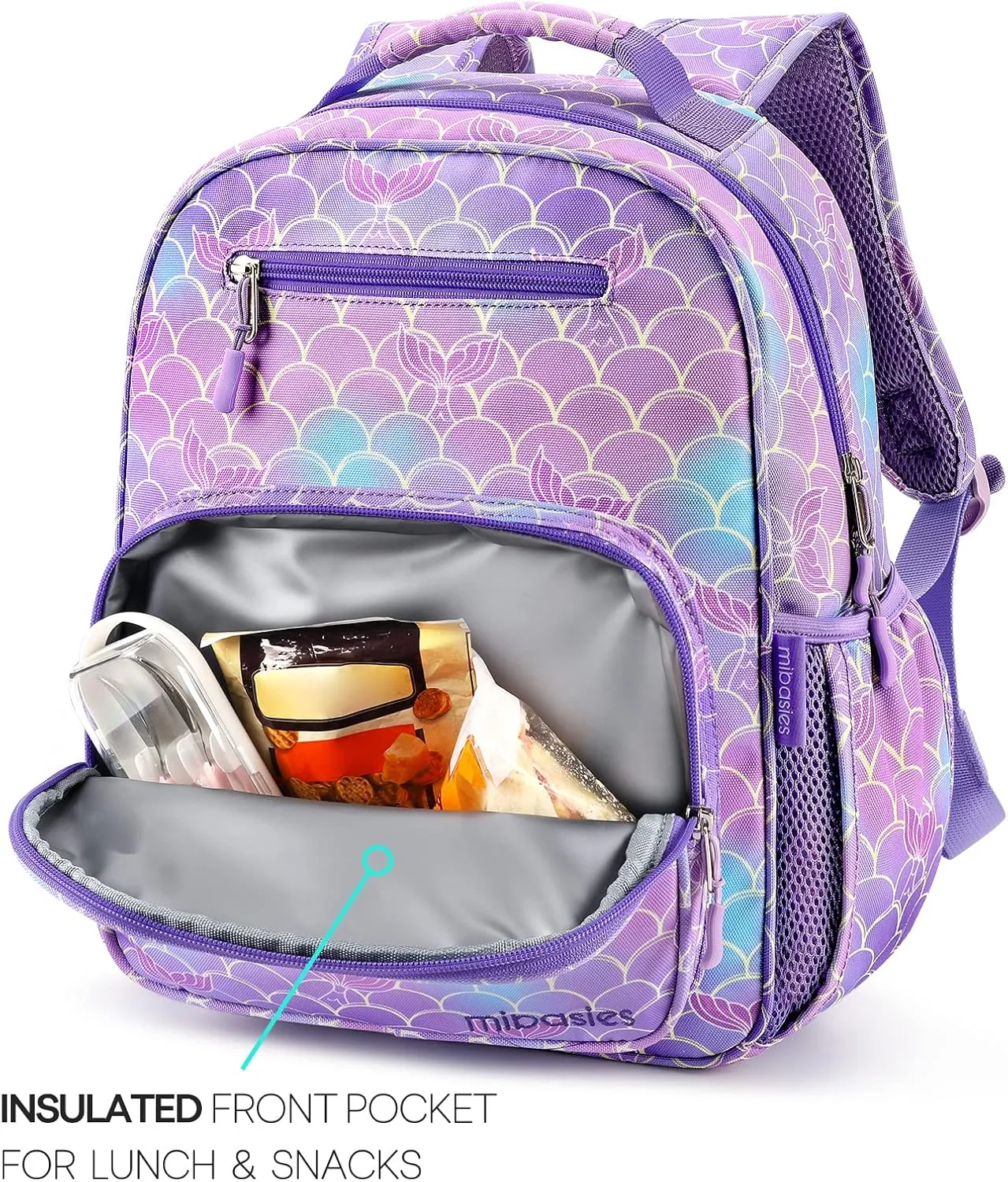 mibasies Girls Backpack 5-8: Lightweight Kids Backpacks for Girls - Girl Bookbag for Elementary School - Mermaid Tail Purple