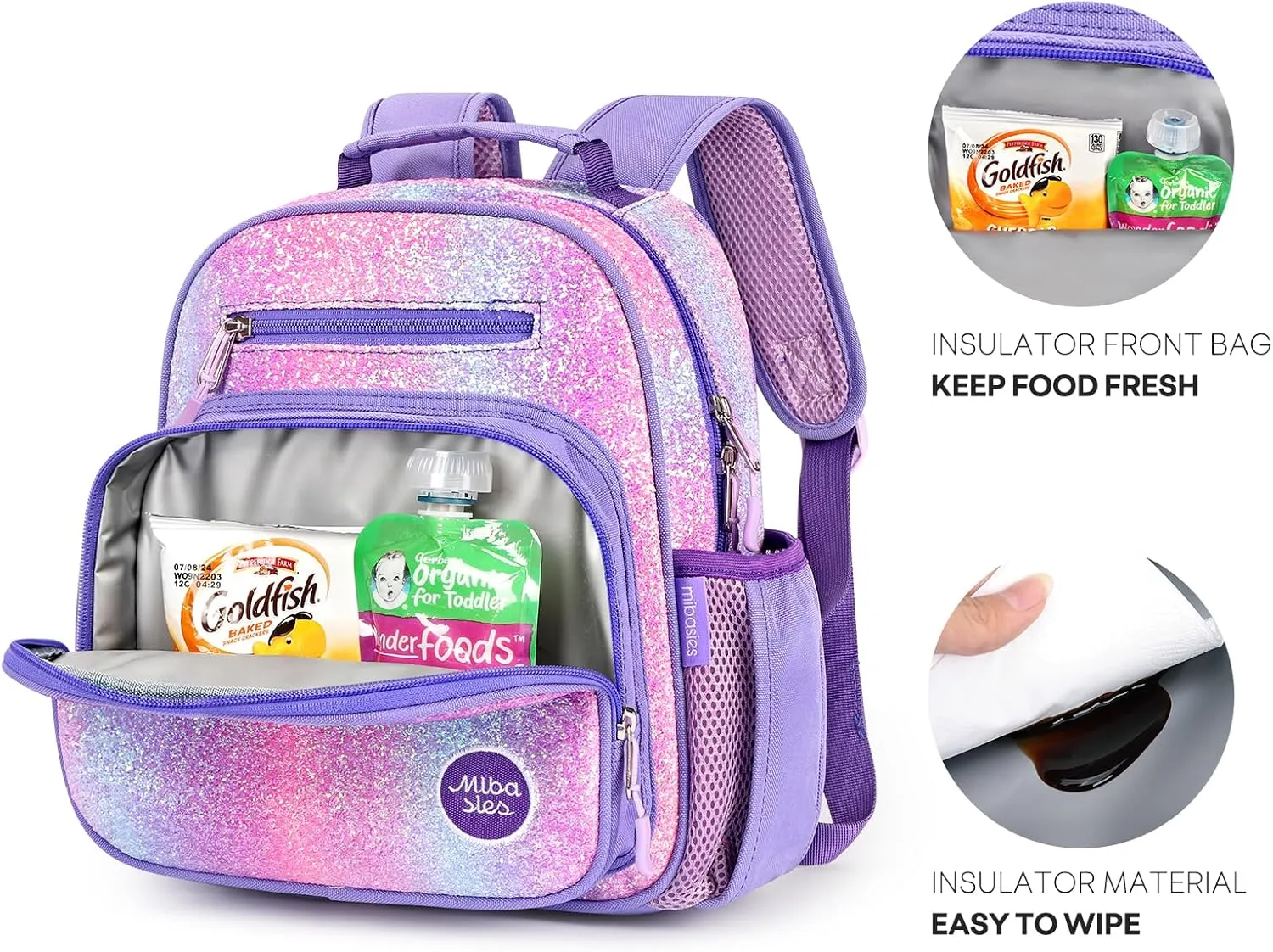 mibasies Toddler Backpack for Girls 2-4: Glitter Kids Backpacks for Girls - Preschool Kindergarten Backpack - Purple