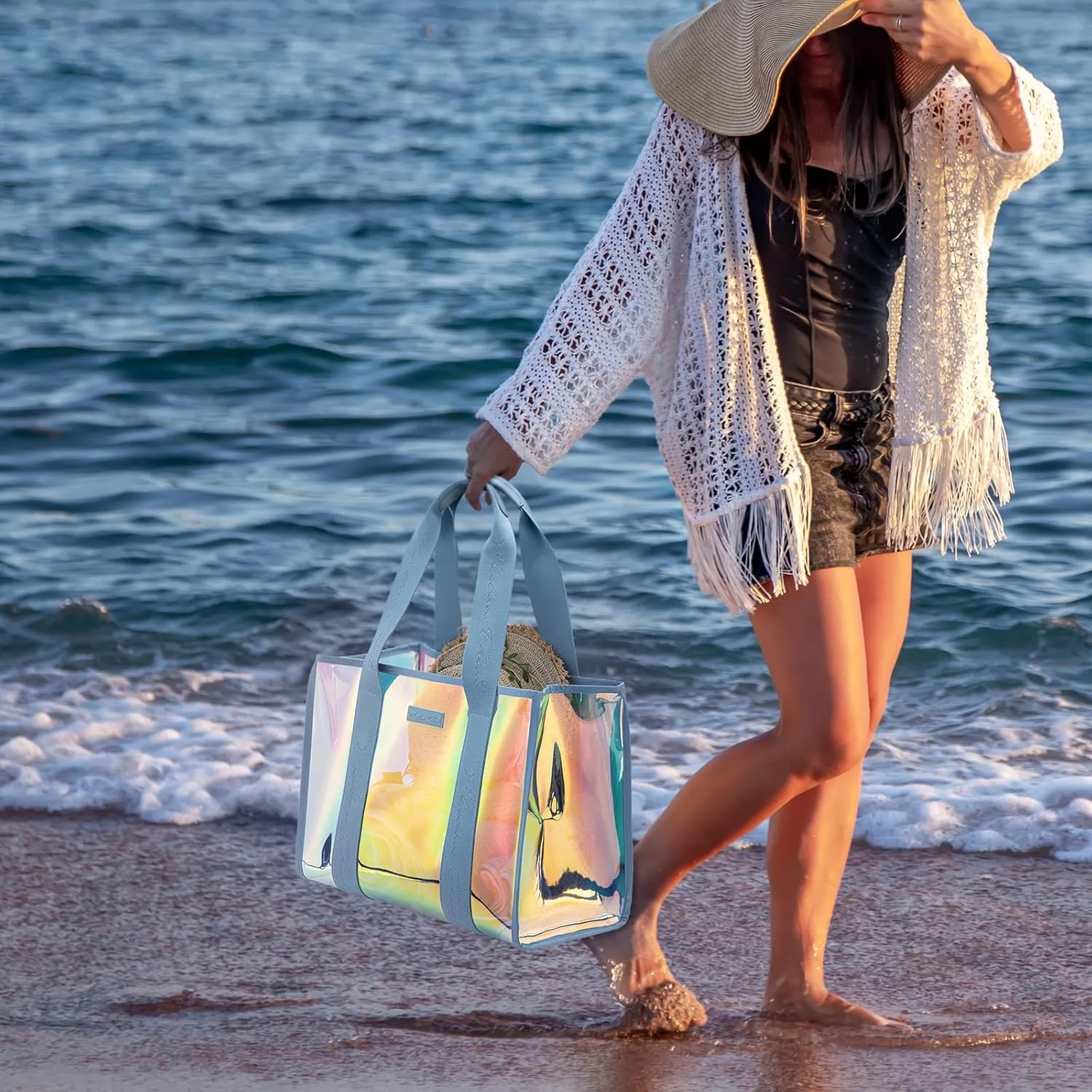 Milan Chiva Large Beach Tote Bag for Women Waterproof Sandproof Iridescent Clear Tote