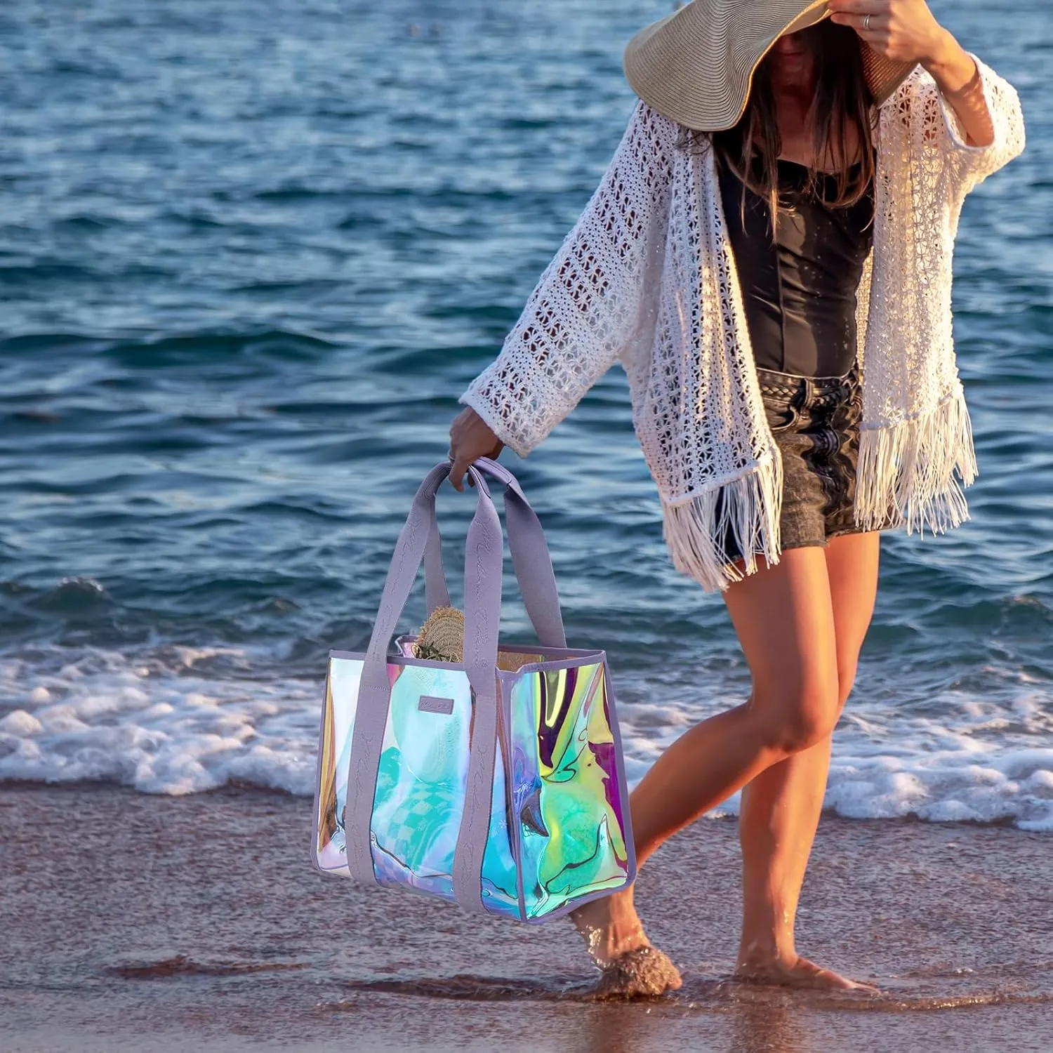 Milan Chiva Large Beach Tote Bag for Women Waterproof Sandproof Iridescent Clear Tote