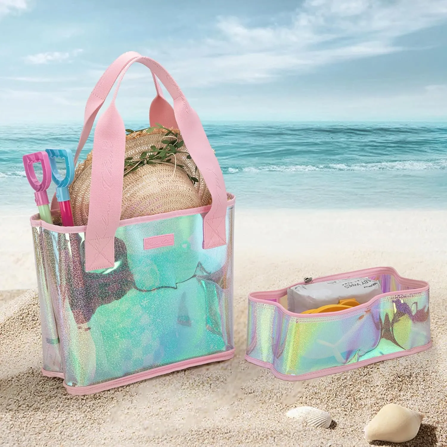 Milan Chiva Large Beach Tote Bag for Women Waterproof Sandproof Iridescent Clear Tote