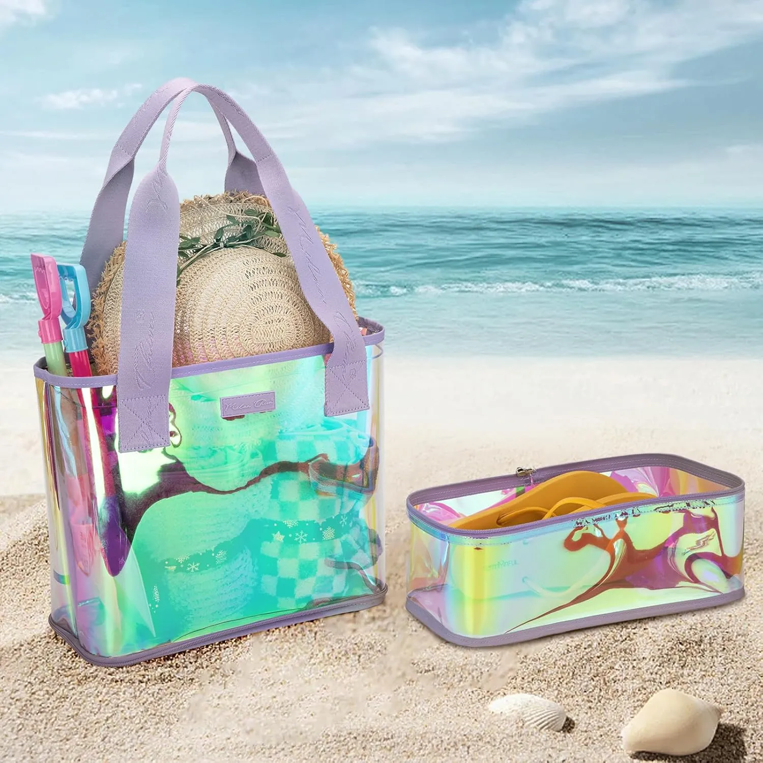 Milan Chiva Large Beach Tote Bag for Women Waterproof Sandproof Iridescent Clear Tote