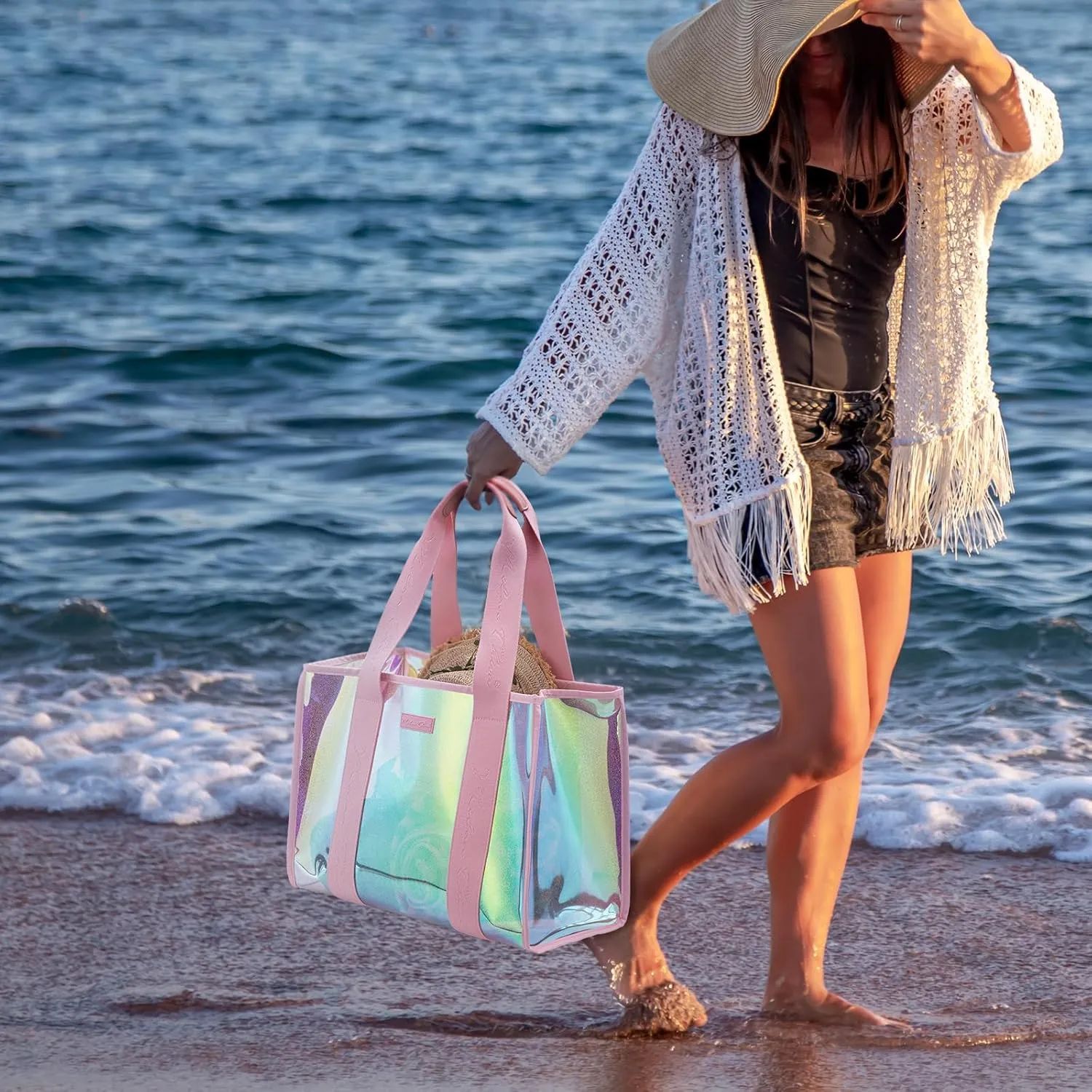 Milan Chiva Large Beach Tote Bag for Women Waterproof Sandproof Iridescent Clear Tote