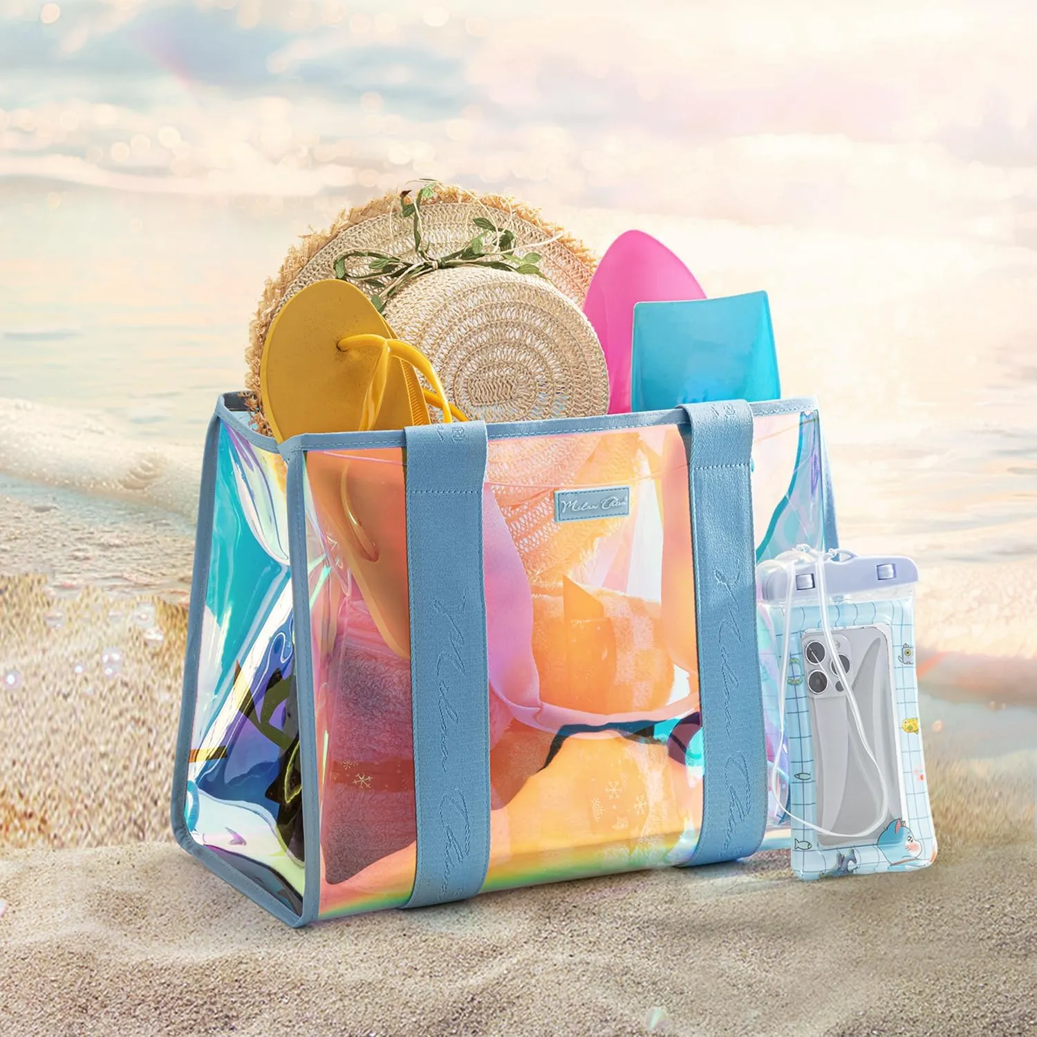 Milan Chiva Large Beach Tote Bag for Women Waterproof Sandproof Iridescent Clear Tote