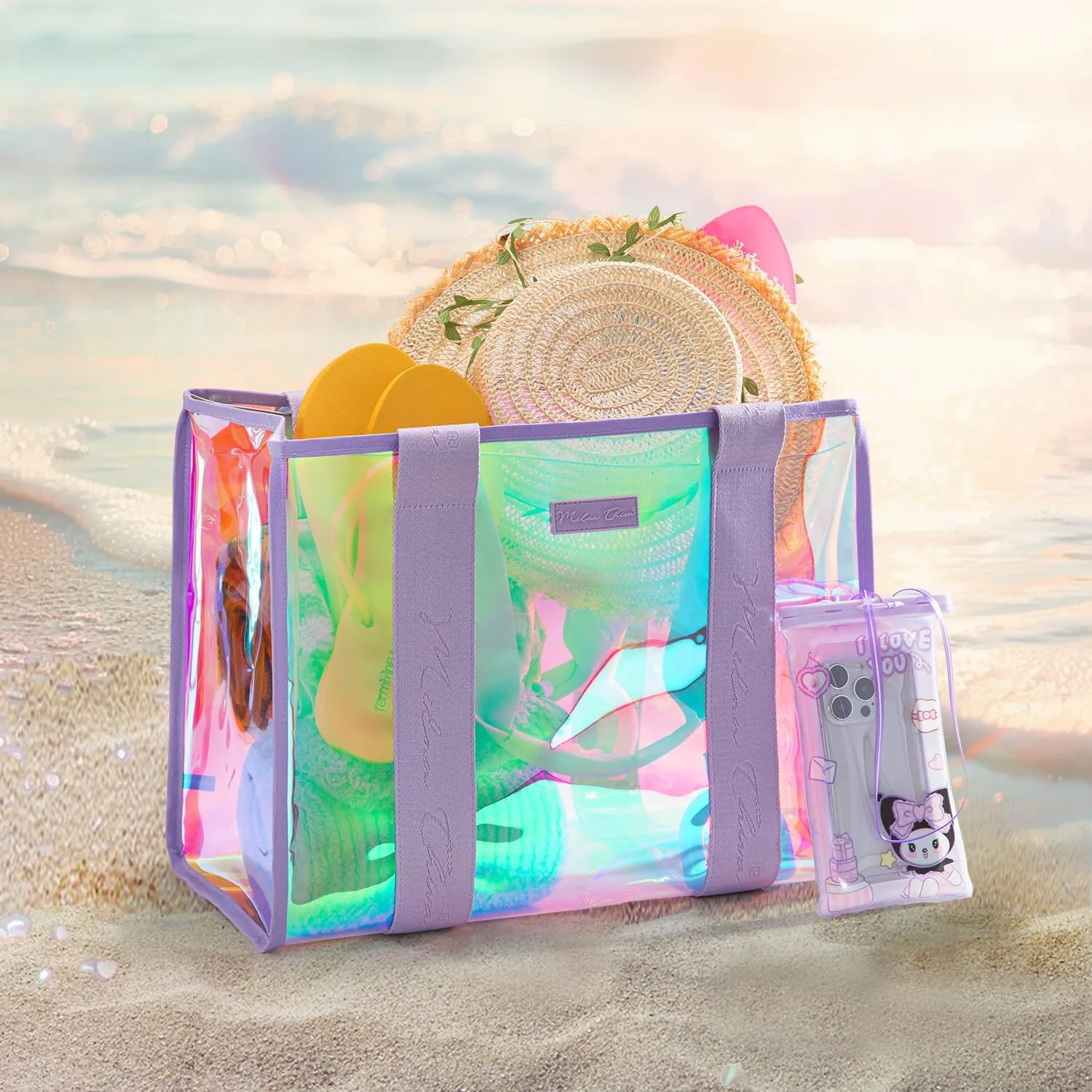 Milan Chiva Large Beach Tote Bag for Women Waterproof Sandproof Iridescent Clear Tote
