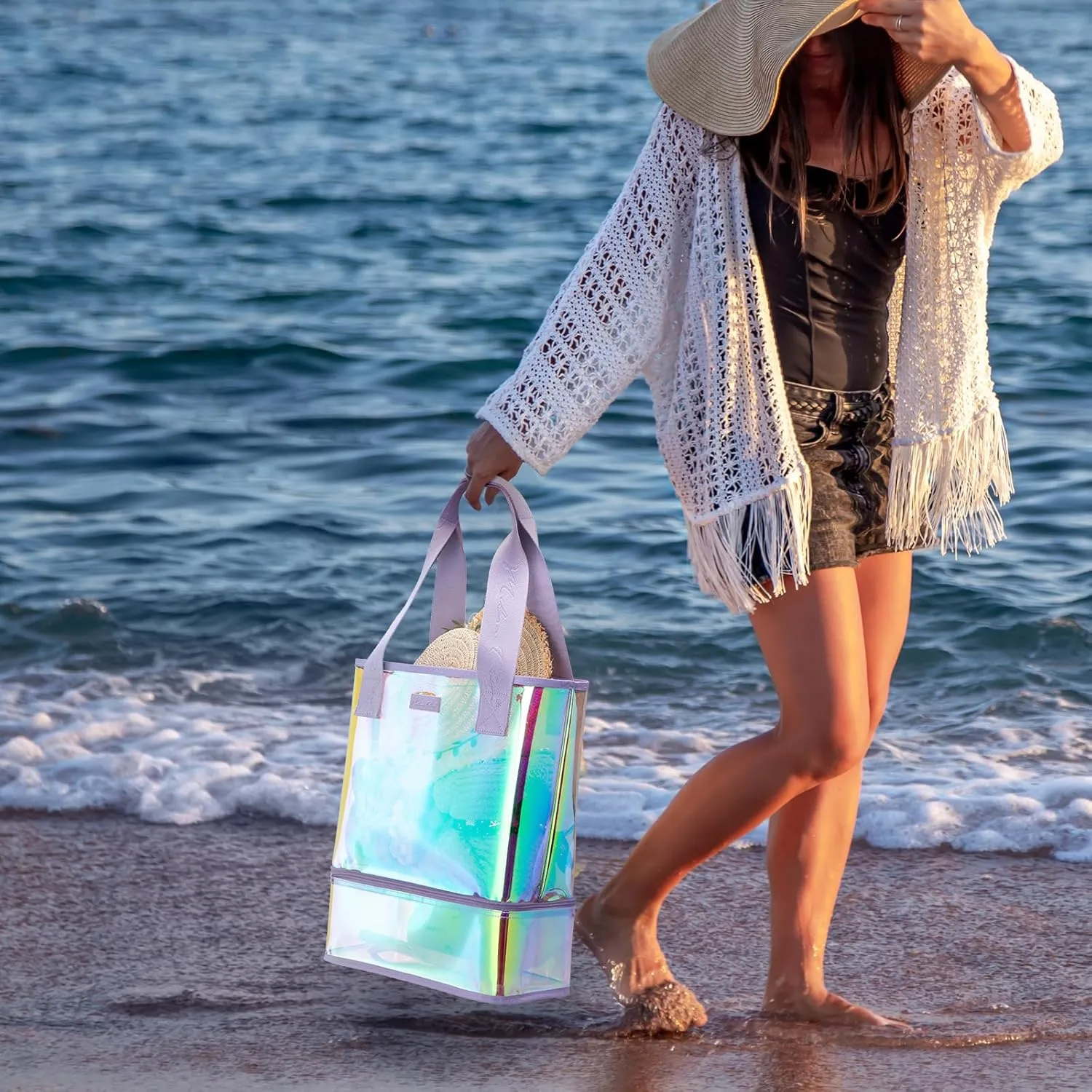 Milan Chiva Large Beach Tote Bag for Women Waterproof Sandproof Iridescent Clear Tote