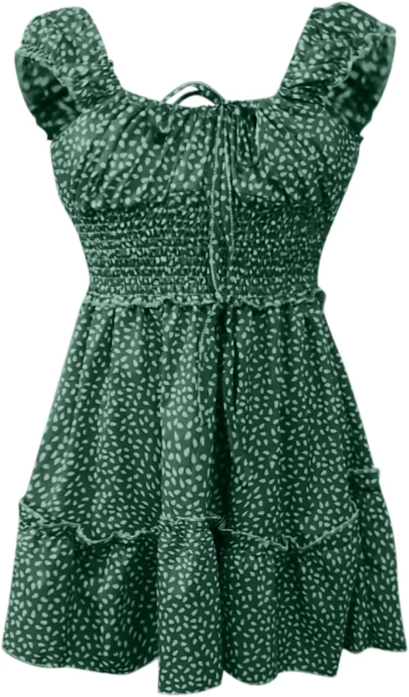 Milk Maid Dress for Women 2025 Casual Sexy Heart Neckline Ruffled Sleeve Floral Print Summer Dress with Elastic Waist