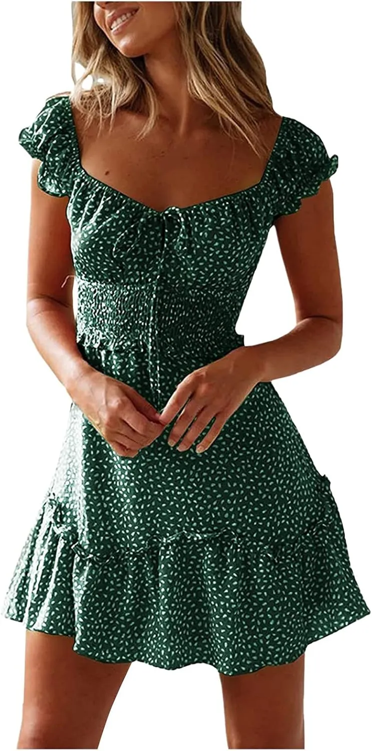Milk Maid Dress for Women 2025 Casual Sexy Heart Neckline Ruffled Sleeve Floral Print Summer Dress with Elastic Waist