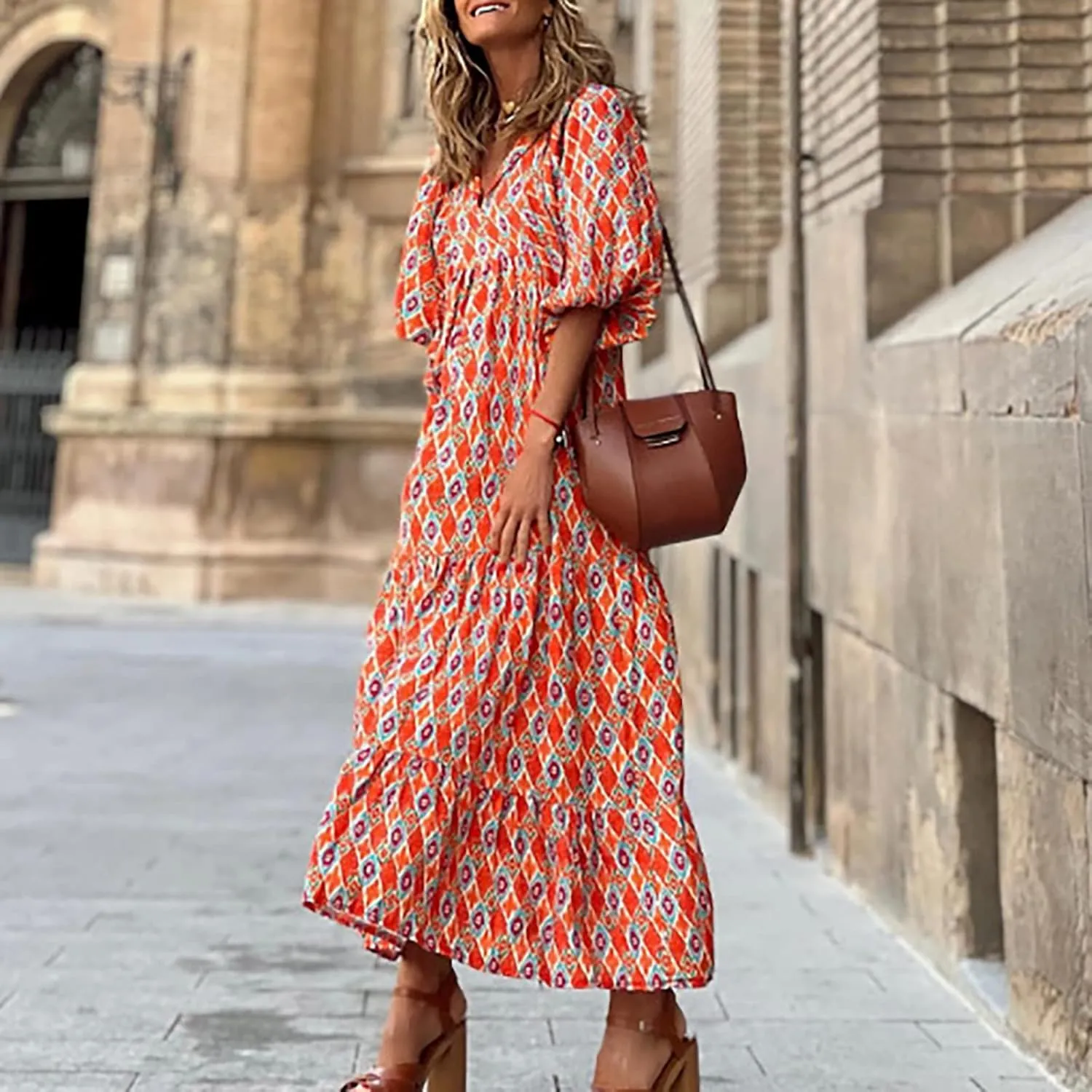 Milk Maid Dress for Women 2025 Floral Print Puff Sleeve Short Sleeve Maxi Dress with Elastic Waist Summer Casual Outfit
