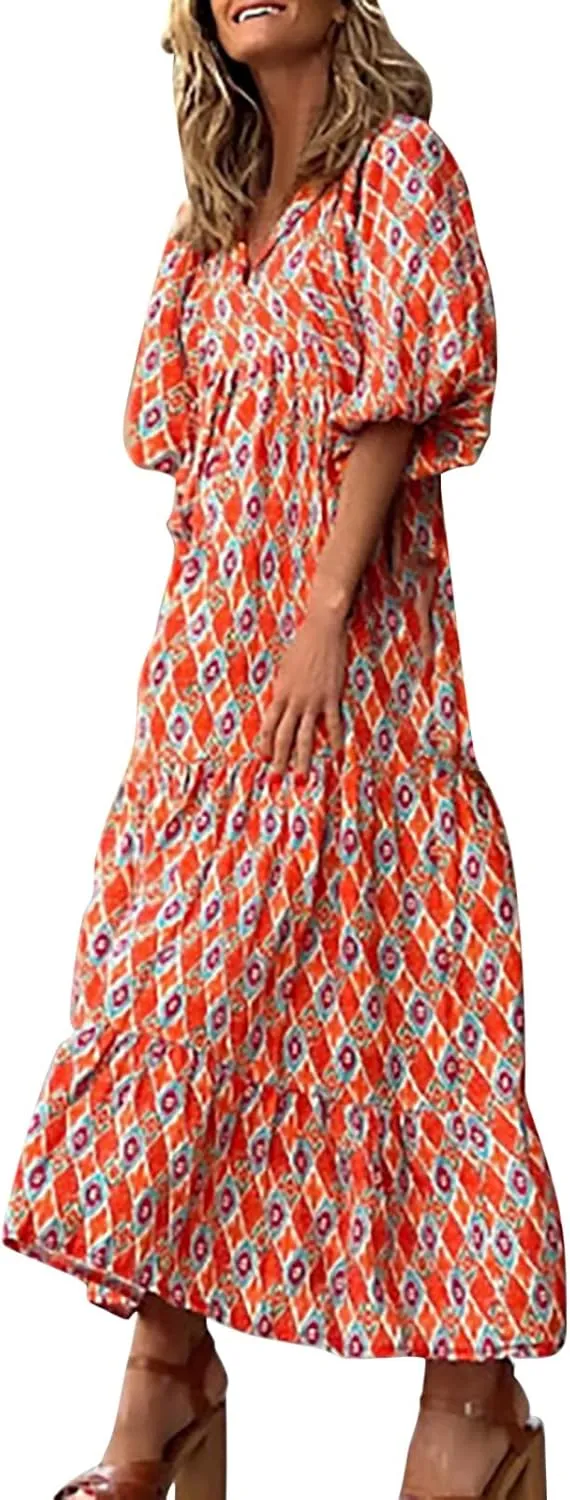 Milk Maid Dress for Women 2025 Floral Print Puff Sleeve Short Sleeve Maxi Dress with Elastic Waist Summer Casual Outfit