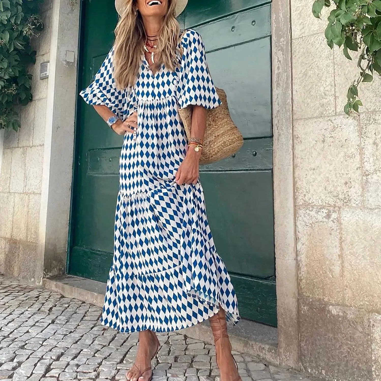 Milk Maid Dress for Women 2025 Floral Print Puff Sleeve Short Sleeve Maxi Dress with Elastic Waist Summer Casual Outfit