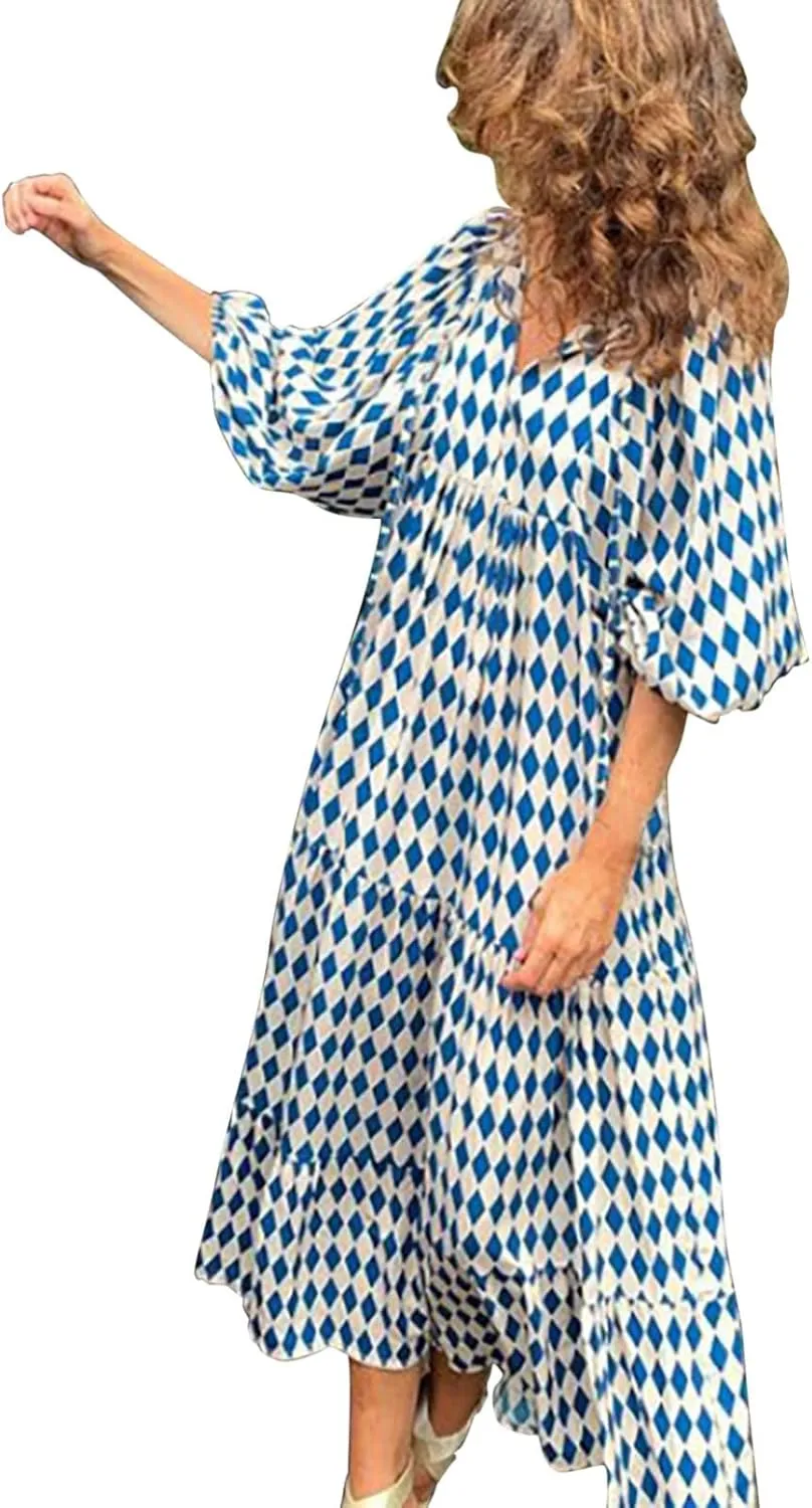 Milk Maid Dress for Women 2025 Floral Print Puff Sleeve Short Sleeve Maxi Dress with Elastic Waist Summer Casual Outfit