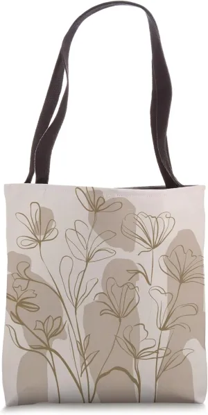Minimalist Floral Line Art Boho Aesthetic Light Brown Cream Tote Bag