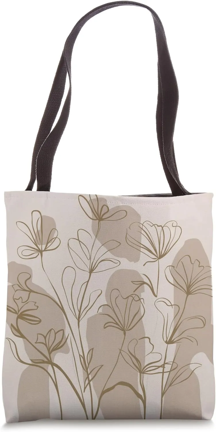 Minimalist Floral Line Art Boho Aesthetic Light Brown Cream Tote Bag