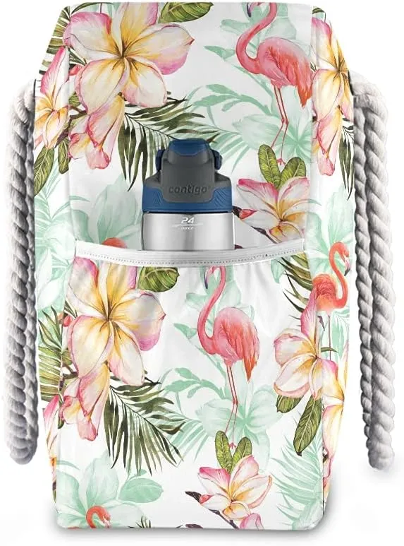 MNSRUU Large Beach Bag, Floral Cherry Blossoms And Branches Pink Tote Bag Travel Gym Bag with Waterproof Pocket Compartment