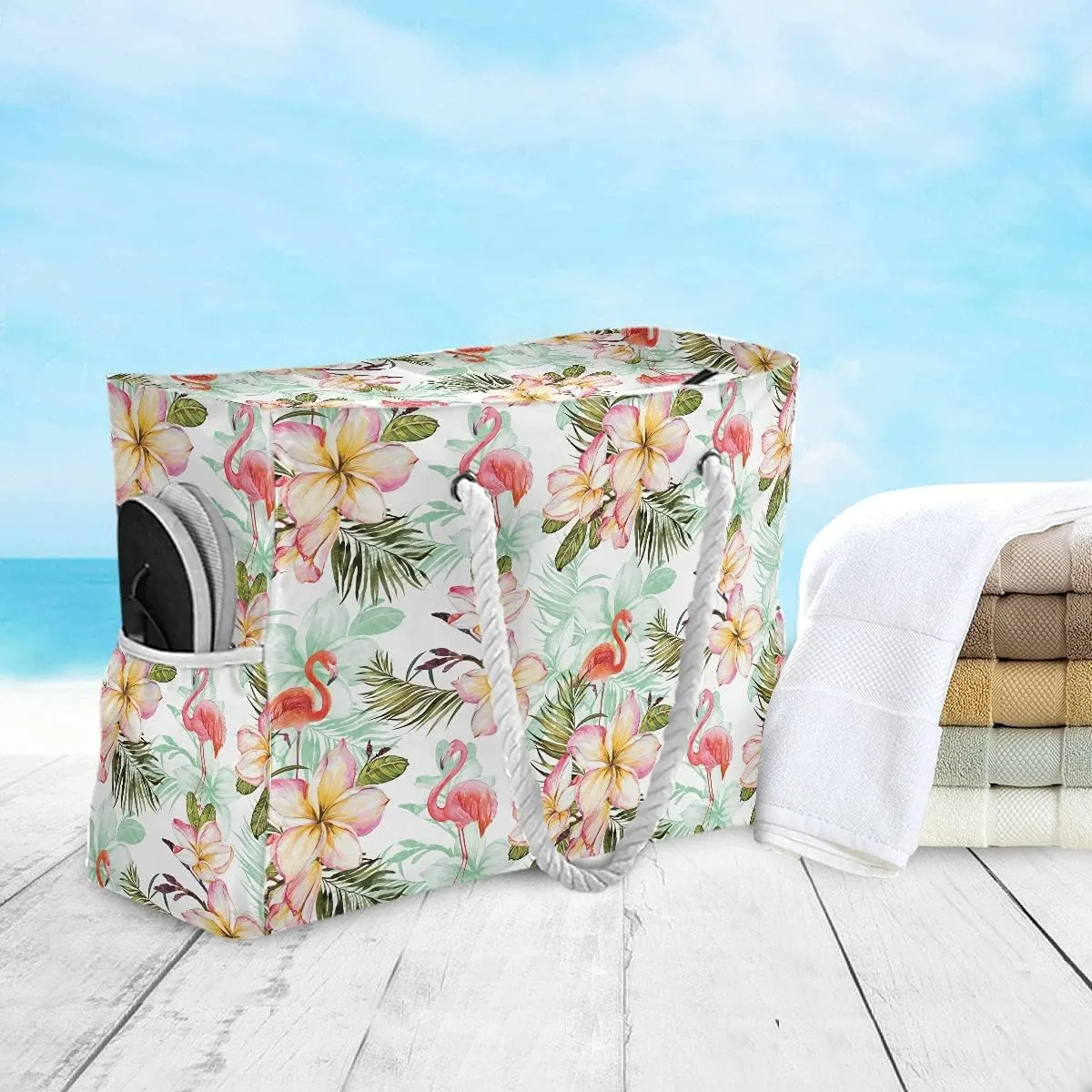 MNSRUU Large Beach Bag, Floral Cherry Blossoms And Branches Pink Tote Bag Travel Gym Bag with Waterproof Pocket Compartment