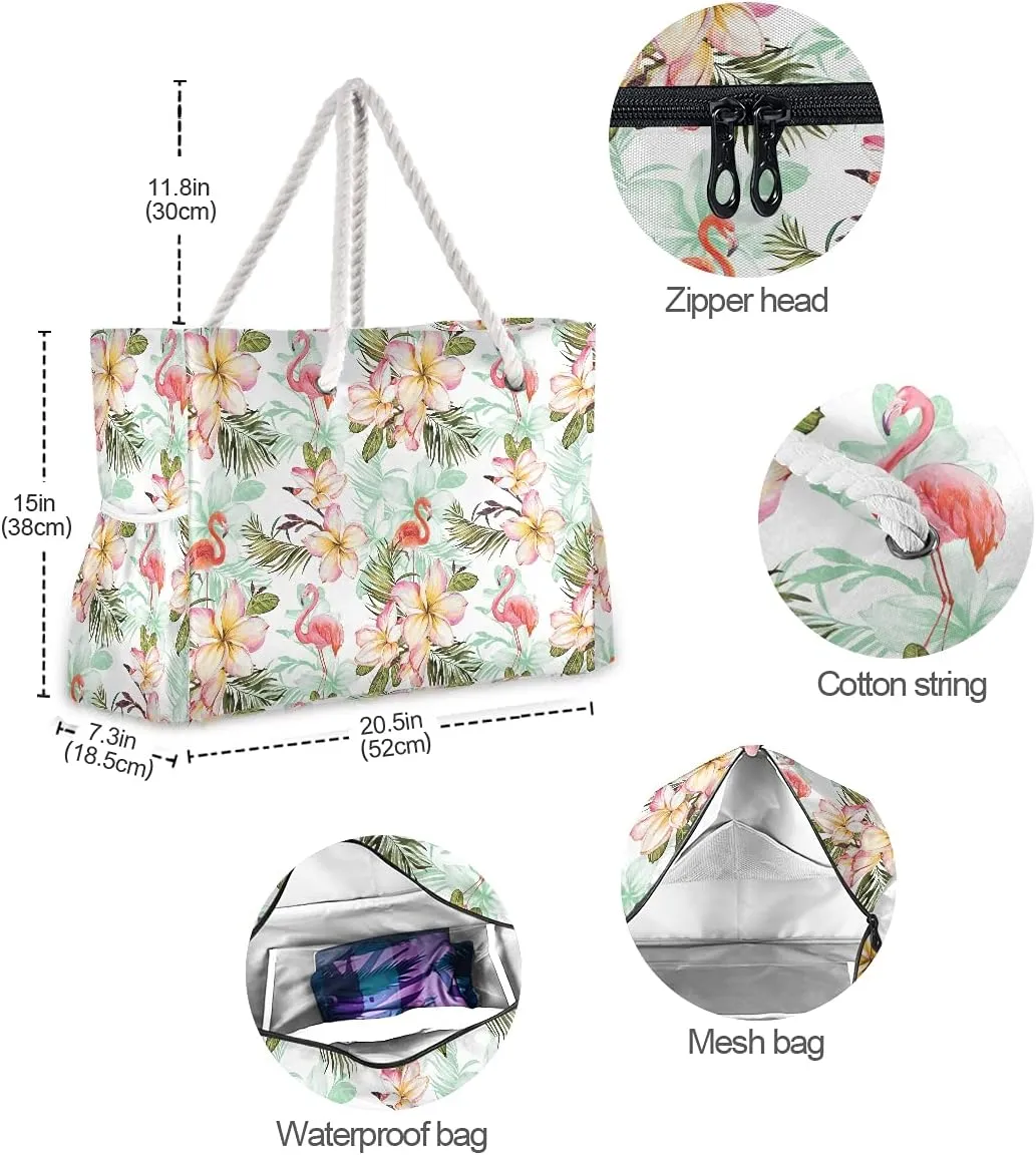 MNSRUU Large Beach Bag, Floral Cherry Blossoms And Branches Pink Tote Bag Travel Gym Bag with Waterproof Pocket Compartment