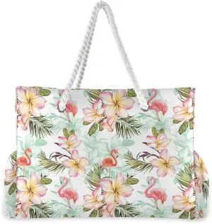 MNSRUU Large Beach Bag, Floral Cherry Blossoms And Branches Pink Tote Bag Travel Gym Bag with Waterproof Pocket Compartment