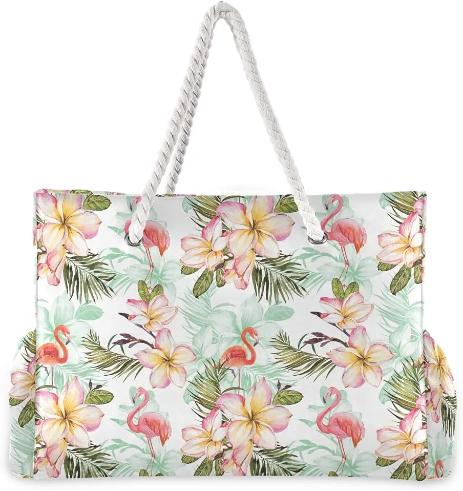 MNSRUU Large Beach Bag, Floral Cherry Blossoms And Branches Pink Tote Bag Travel Gym Bag with Waterproof Pocket Compartment