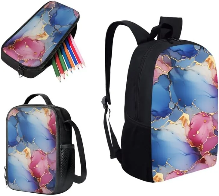 Modern Gradient Marbles School Bookbag Sets Marble Painting College Students Rucksack Abstract Arts Potable Insulated Lunch Bag Pencil Bag