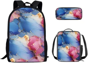 Modern Gradient Marbles School Bookbag Sets Marble Painting College Students Rucksack Abstract Arts Potable Insulated Lunch Bag Pencil Bag