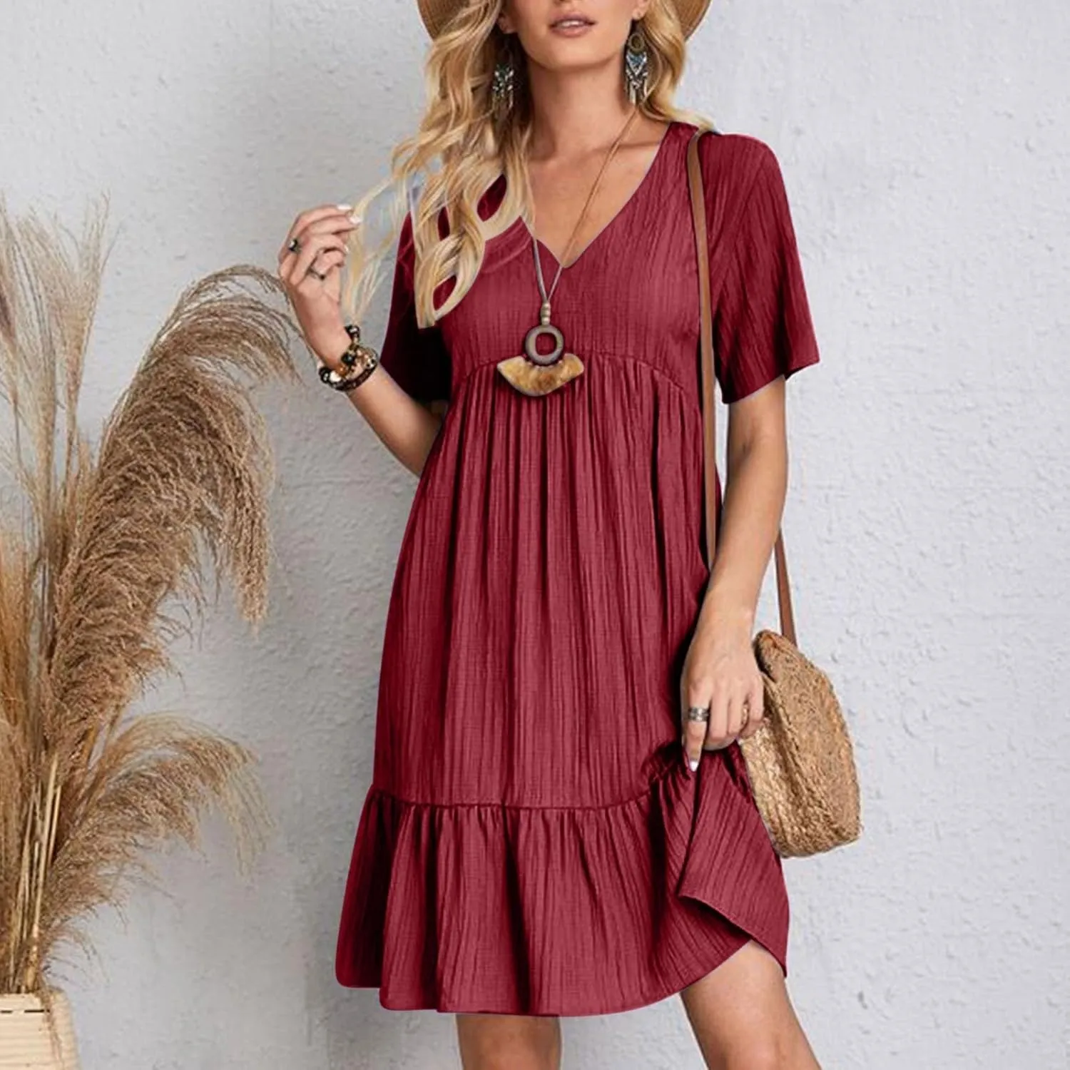 Moomoo Dresses for Women Loose Fit Short Sleeve Tunic Dress with Pockets Beach Vacation Outfit