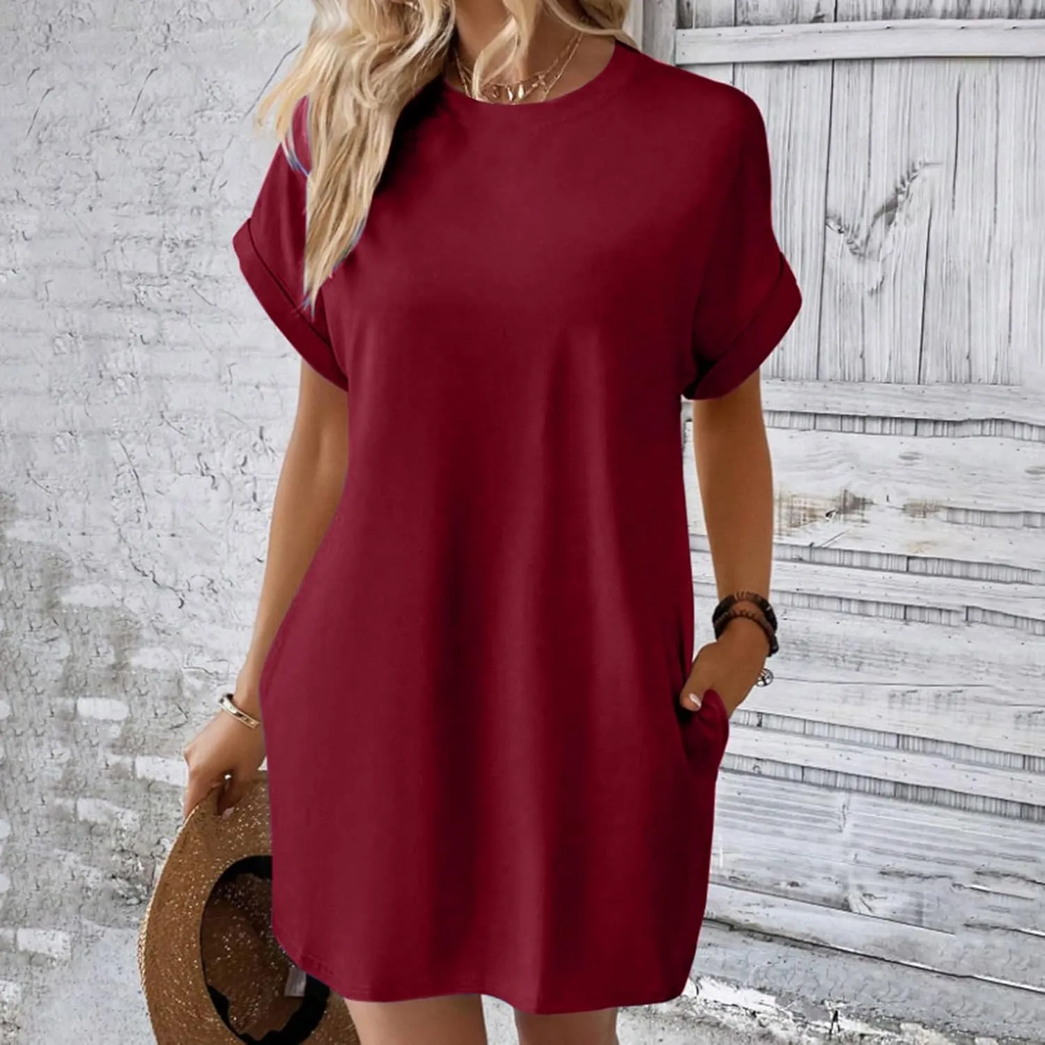 Moomoo Dresses for Women Solid Color Round Neck Batwing Sleeve T-Shirt Dress with Hidden Pockets