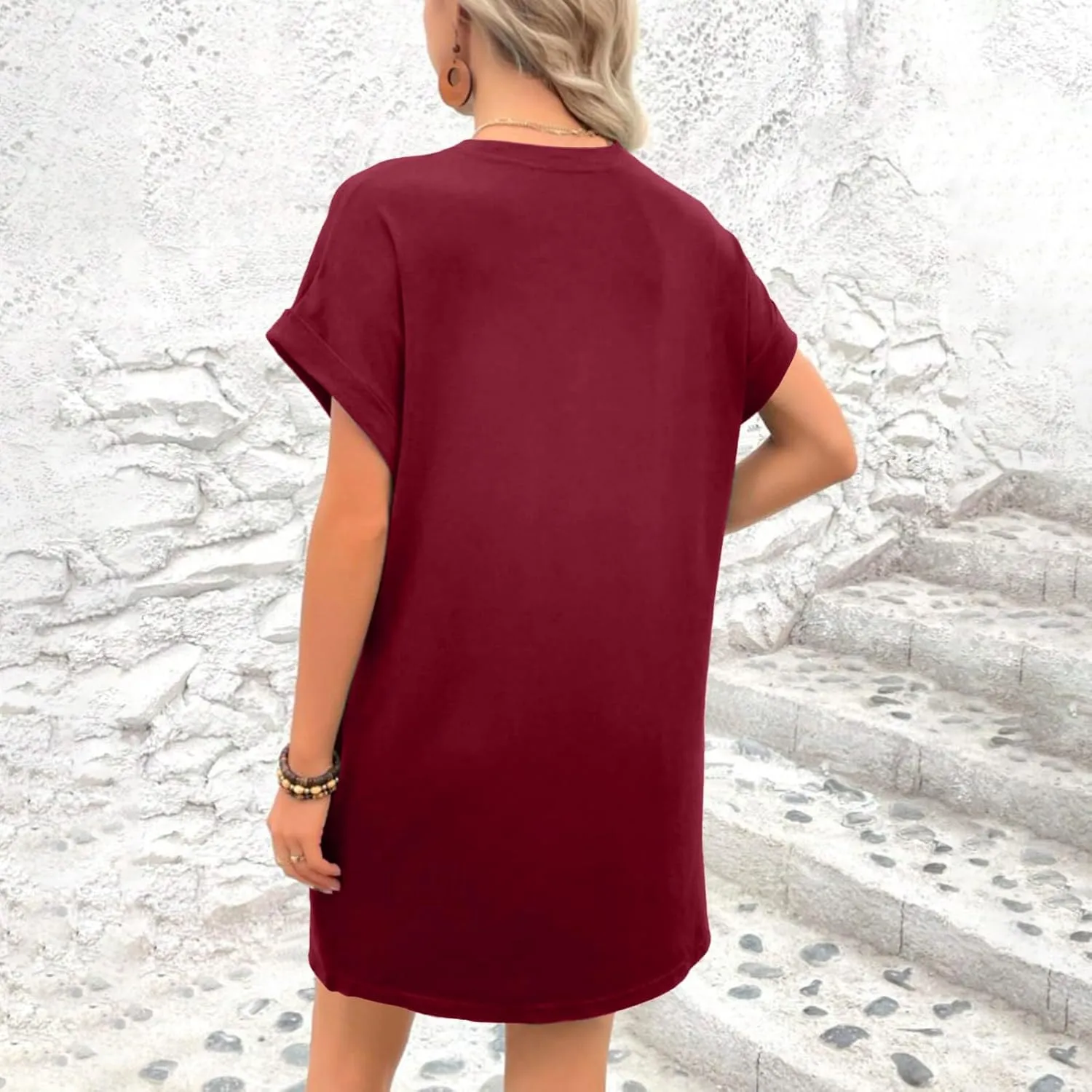 Moomoo Dresses for Women Solid Color Round Neck Batwing Sleeve T-Shirt Dress with Hidden Pockets