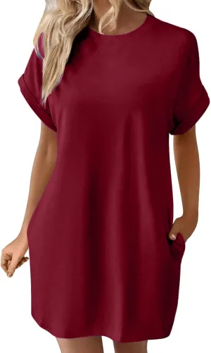 Moomoo Dresses for Women Solid Color Round Neck Batwing Sleeve T-Shirt Dress with Hidden Pockets
