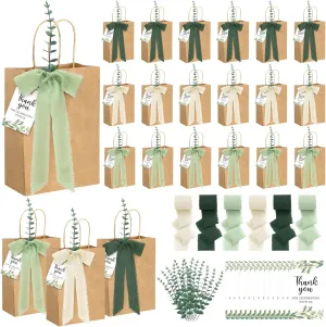 Motipuns 50 Sets Wedding Welcome Bags for Guests Bulk Wedding Paper Gift Bags with Handle Faux Eucalyptus Stems Chiffon Ribbon Thank You Cards for Baby Shower Church Bridal Party Favor