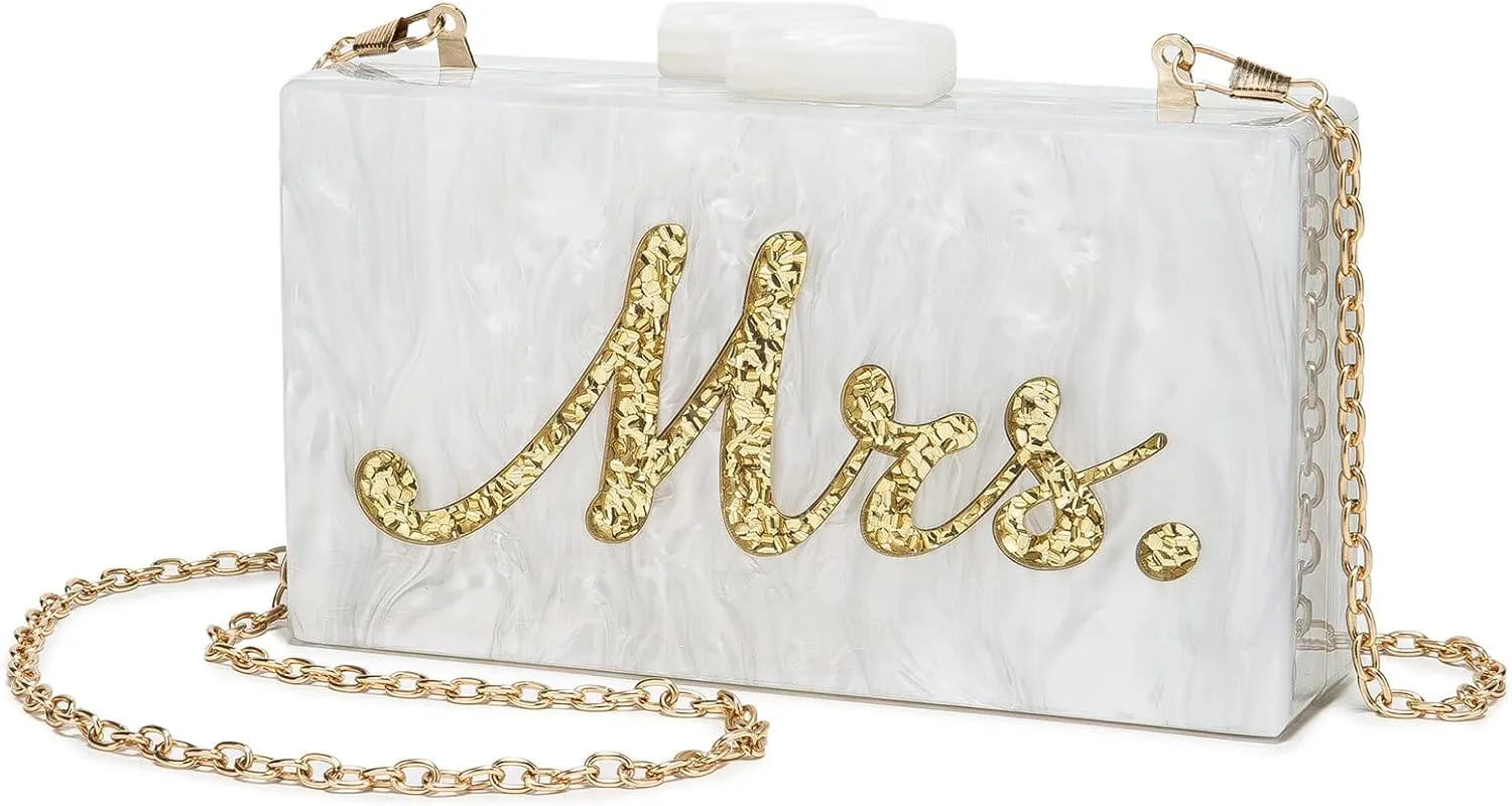 Mrs Clutch Purse Women Evening Bag Handbag for Bride Party White 6.9x3.8x1.7 inches