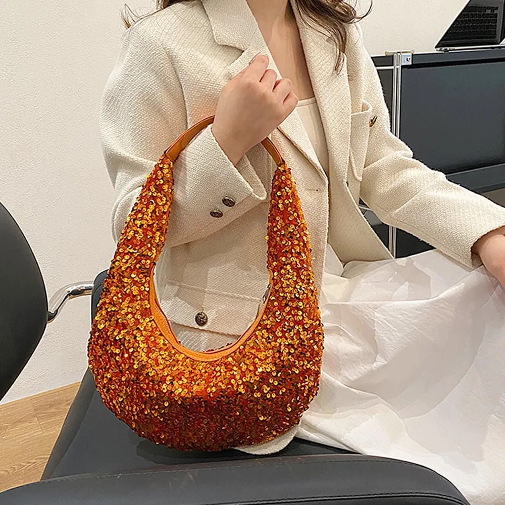Naimo Womens Sequin Bag Metallic Shoulder Bag Glitter Evening Bag Moon Shape Purse Hobo Handbag Underarm Bag