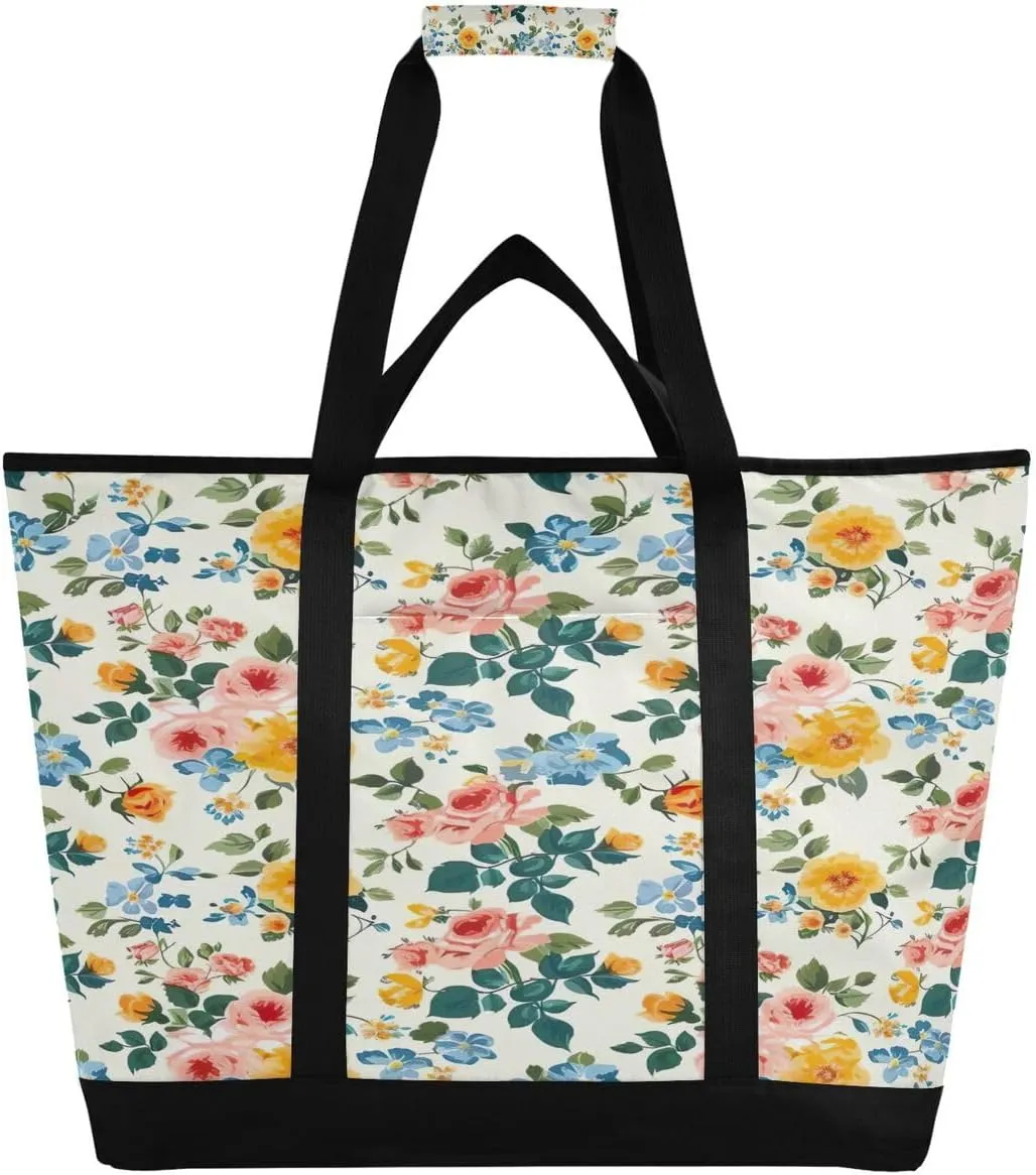 Nander Fresh Style Floral Fragments Large Insulated Cooler Bag,Foldable Reusable Grocery Bag Tote Bag,Perfect Thermal Bag Lunch Bag for Shopping Work Picnic Camping