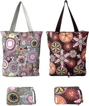 NC Large Foldable Waterproof Lightweight Durable Reusable Grocery Tote Bags, Sturdy Daily Shopping Tote Bag, Colorful Floral Style with Zipper Closure, 2 Pack