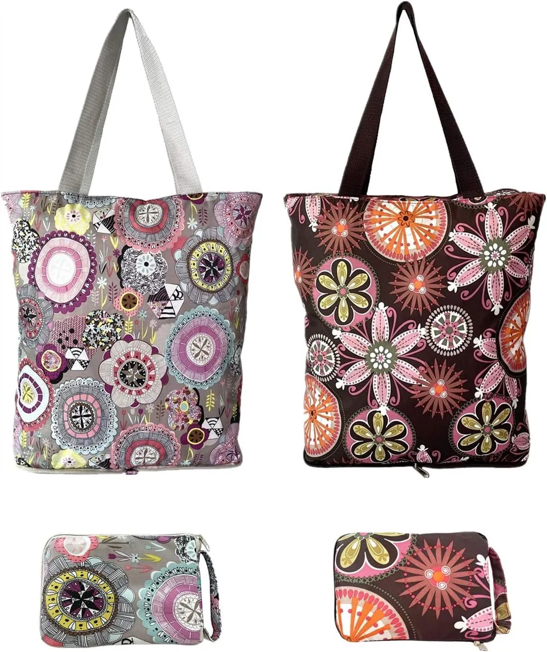 NC Large Foldable Waterproof Lightweight Durable Reusable Grocery Tote Bags, Sturdy Daily Shopping Tote Bag, Colorful Floral Style with Zipper Closure, 2 Pack