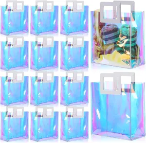 Newwiee 18 Pcs Clear Holographic Tote Bags Iridescent Reusable Gift Bag with Handles PVC Gift Wrap Bags for Party Birthday Wedding Baby Shower Bridal Holiday Graduation Shopping Travel(Classic Style)