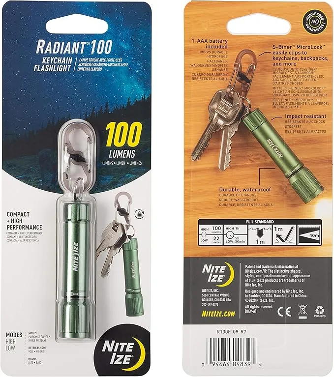 Nite Ize Radiant 100 Keychain Flashlight - Waterproof Mini Keychain Flashlight with Bright 100 Lumen Light - Waterproof Flashlight for Backpacks and Keys - Keychain Flashlight - Olive