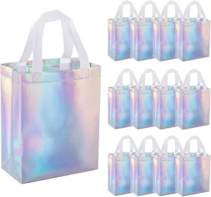 NLUS Iridescent Gift Bags, 12 Pack Reusable Gift Bags with White Handles, Goodie Bags for Birthday Wedding Party Favor Bags, 8 x 4 x 10 Inches