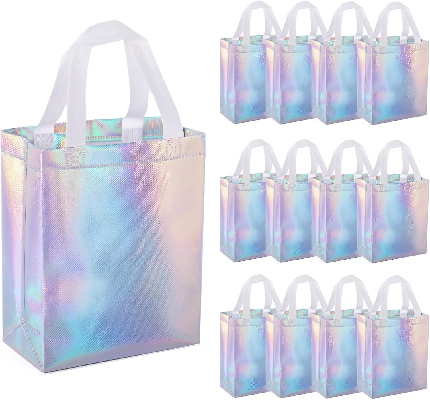 NLUS Iridescent Gift Bags, 12 Pack Reusable Gift Bags with White Handles, Goodie Bags for Birthday Wedding Party Favor Bags, 8 x 4 x 10 Inches