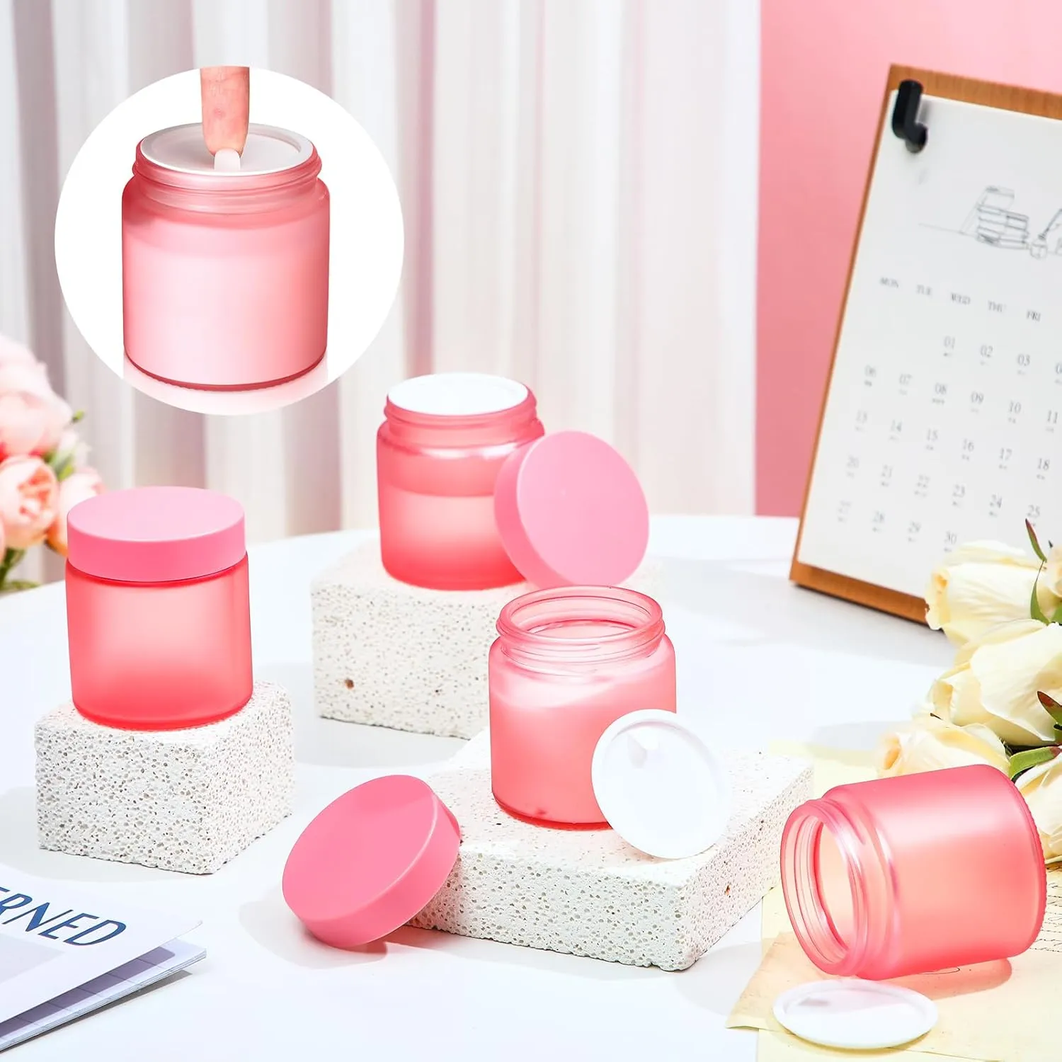 Norme 48 Pcs 4 oz Glass Jars with Lids Leakproof Round Airtight Empty Cosmetic Jars with Inner Liners Lid for Storing Lotions Powder Ointments Candle Making Tins (Pink)